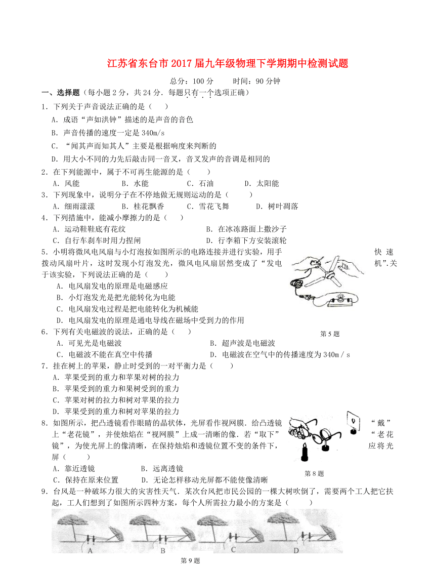 江苏省东台市2017届九年级物理下学期期中检测试题