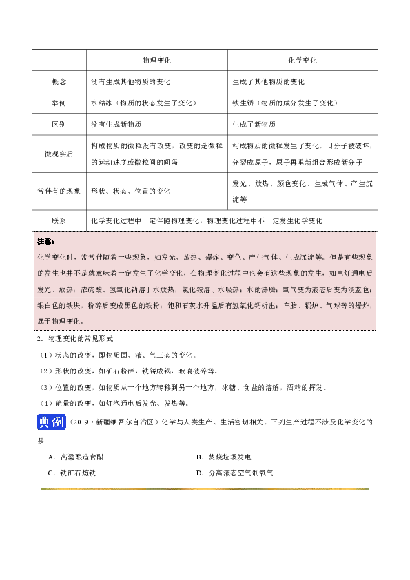 人教版初中化学九年级上专题训练，同步练习，复习补习资料：课题1 物质的变化和性质