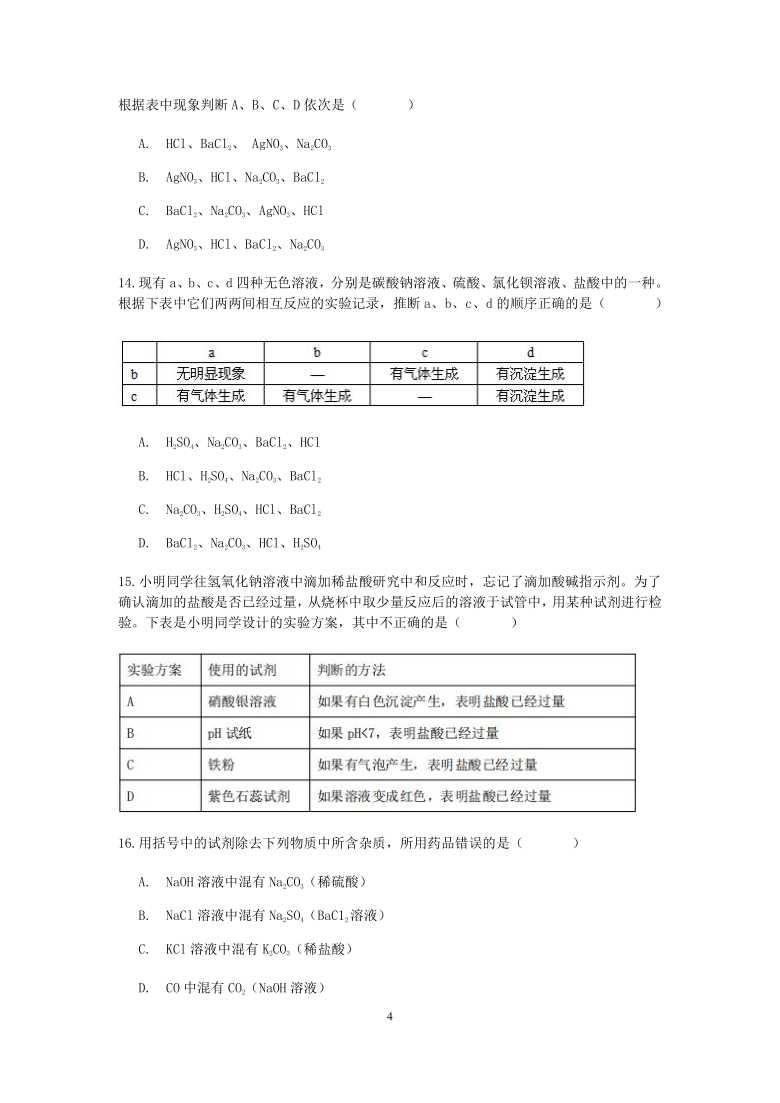 浙教版科学九年级上册期末“临阵磨枪”（六）：物质的鉴别、除杂（3）