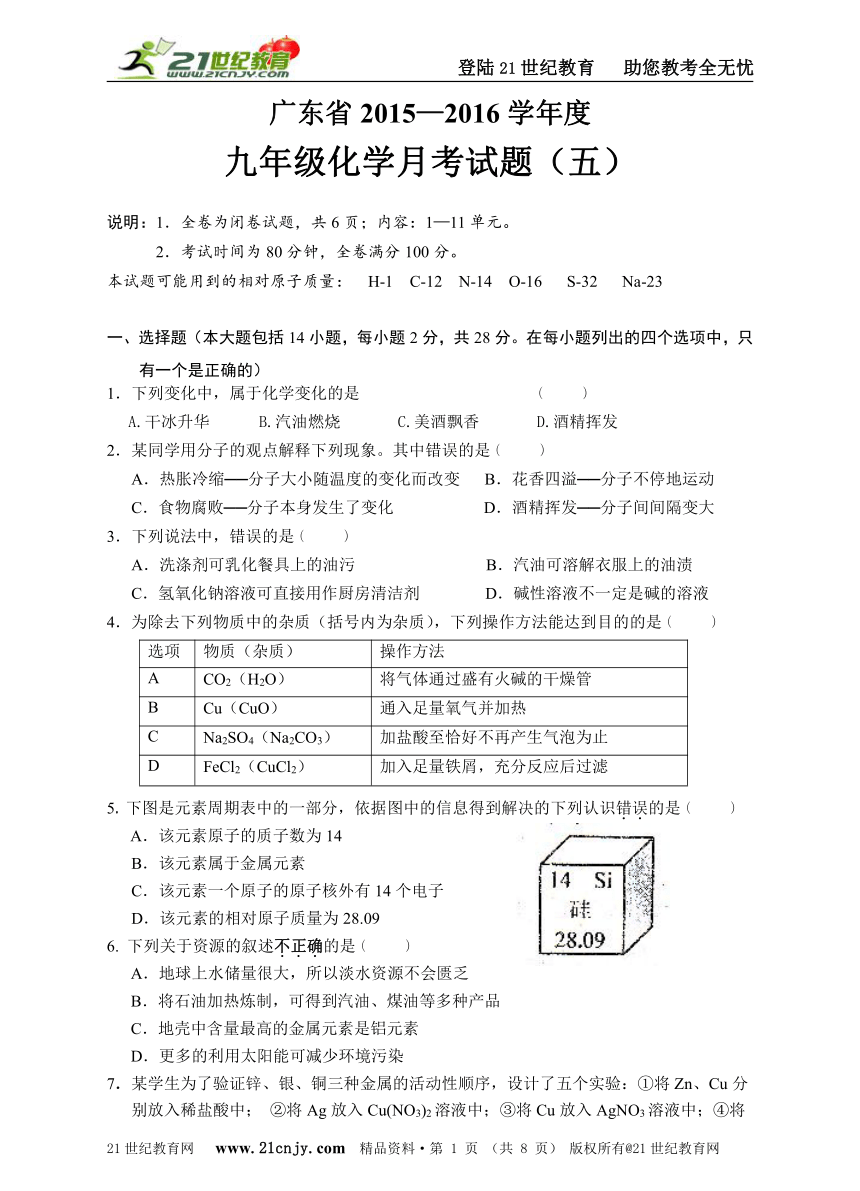 广东省2015—2016学年度第一学期九年级化学月考试题1-11单元（含答案）
