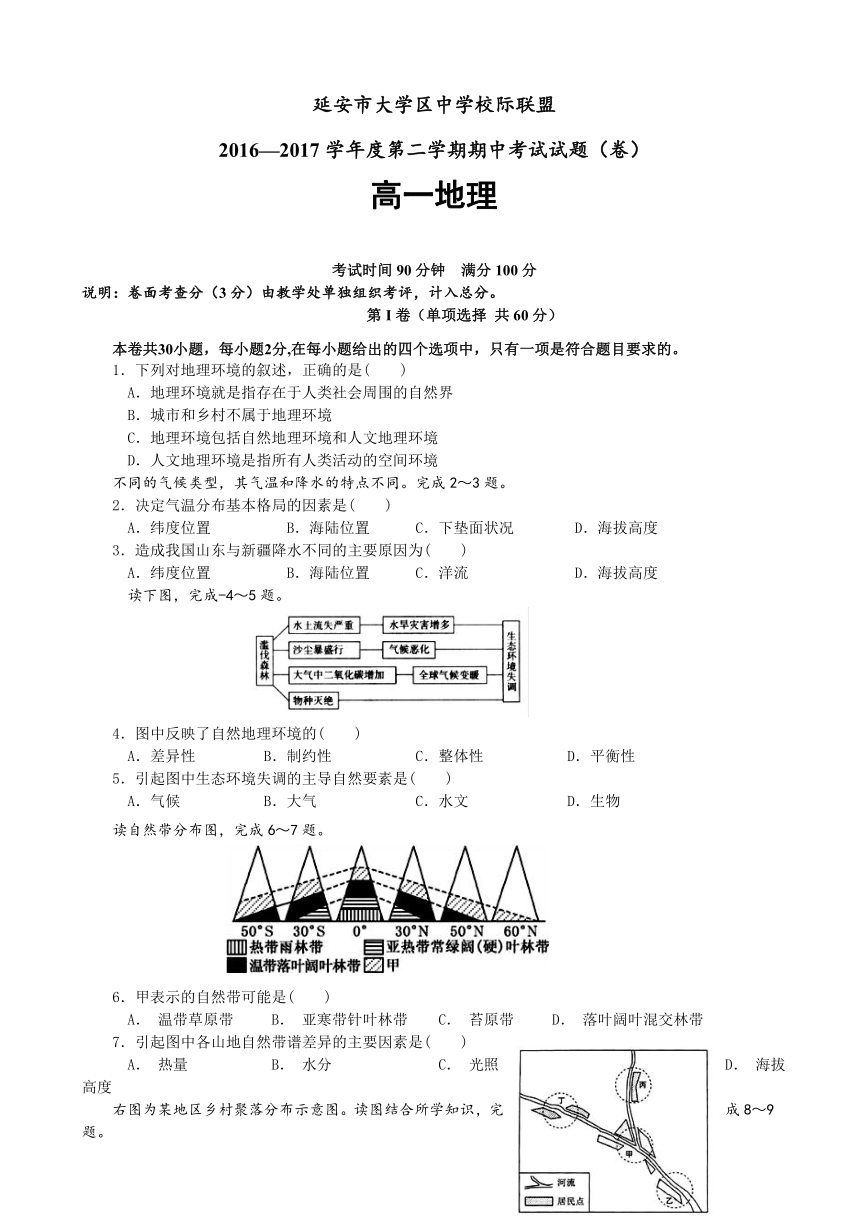 陕西省延安市大学区中学校际联盟2016-2017学年高一下学期期中考试地理试题 Word版含答案