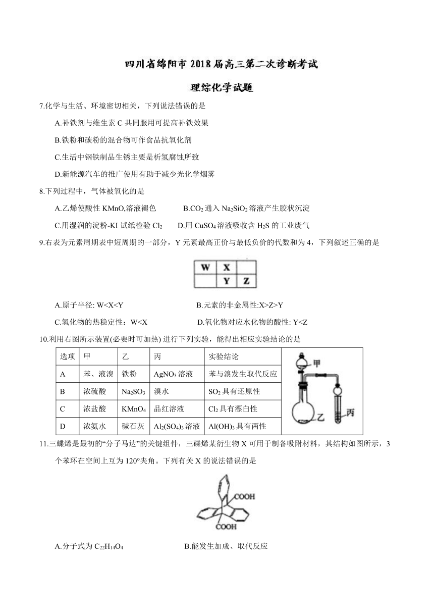 四川省绵阳市2018届高三第二次诊断考试试题化学