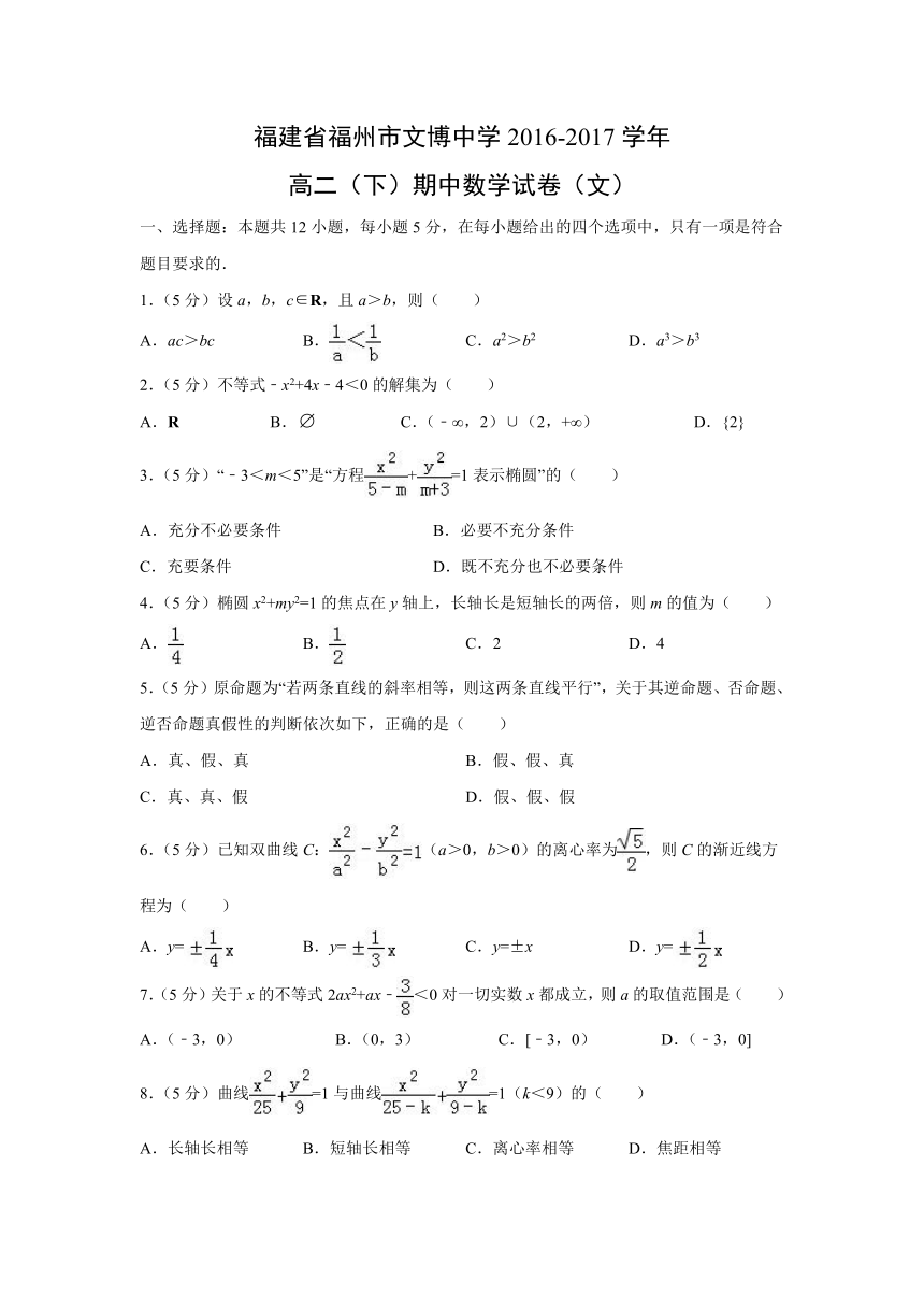 福建省福州市文博中学2016-2017学年高二（下）期中数学试卷（文）word版及答案