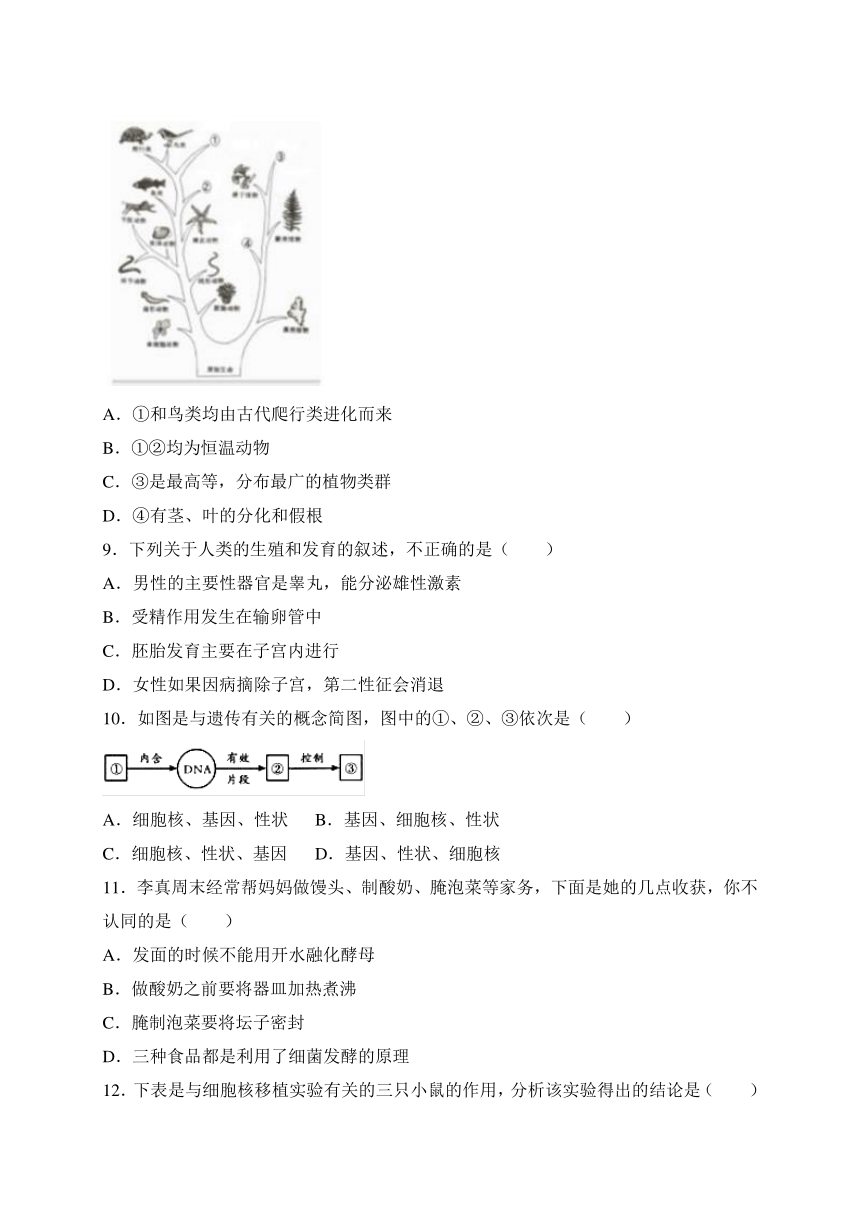 山东省济南市槐荫区2017-2018学年八年级上学期期末考试生物试卷（有答案）