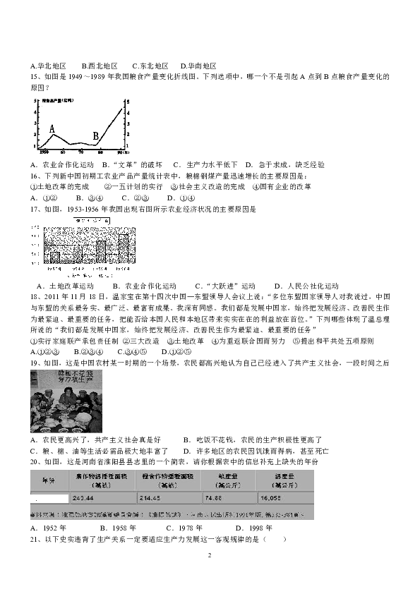 部编版历史八年级下册第一、二单元练习题及参考答案