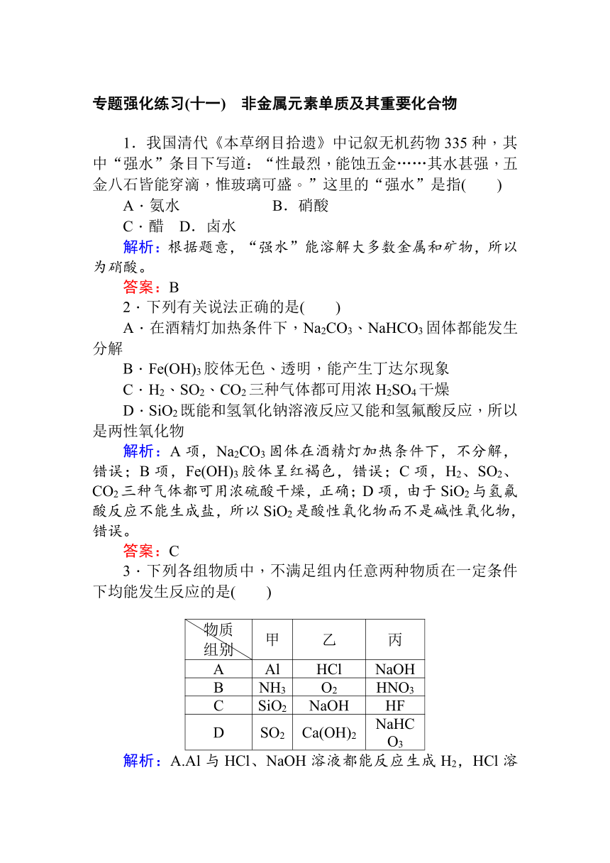 2018高考化学二轮专题复习检测：第11讲+非金属元素单质及其重要化合物+Word版含解析