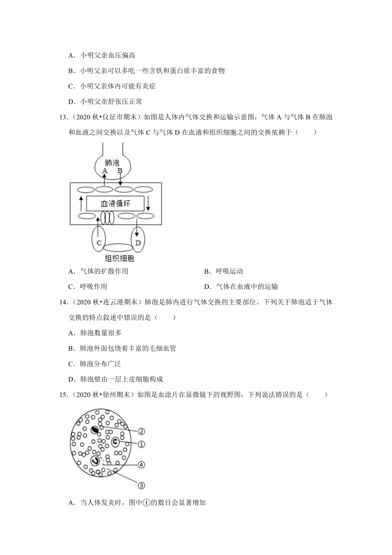 2021年江苏省中考生物复习专练——专题10人的血液循环系统（word版含解析）