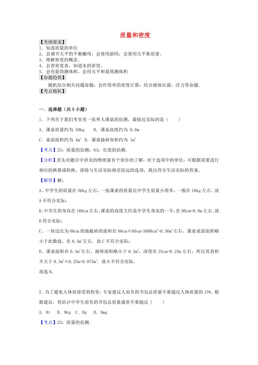 2018年中考物理专题讲解第六讲质量和密度（含解析）