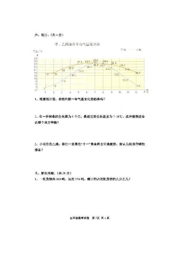 河北省唐山市古冶区2019-2020学年第二学期五年级数学期末试卷（扫描版，无答案）
