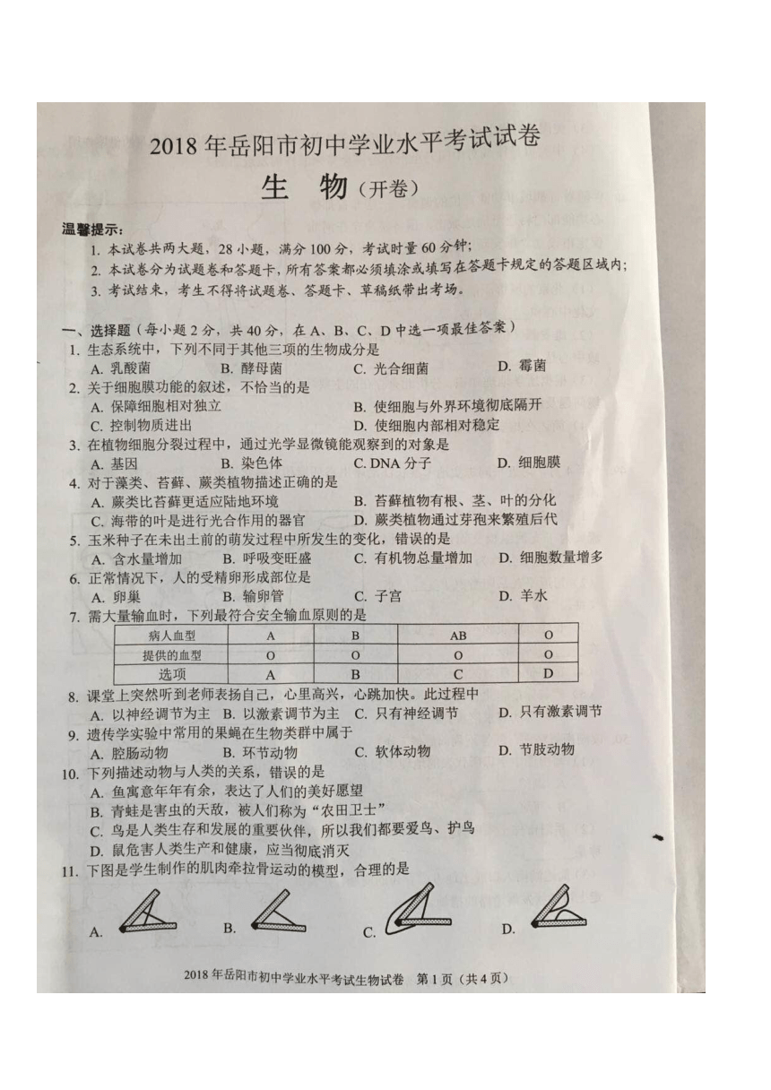 2018年湖南省岳阳市初中学业水平考试生物试卷（图片版无答案）