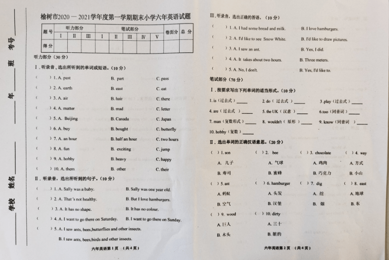 吉林省长春市榆树市2020-2021学年度第一学期六年级英语期末试题（图片版无答案，无听力音频和原文）