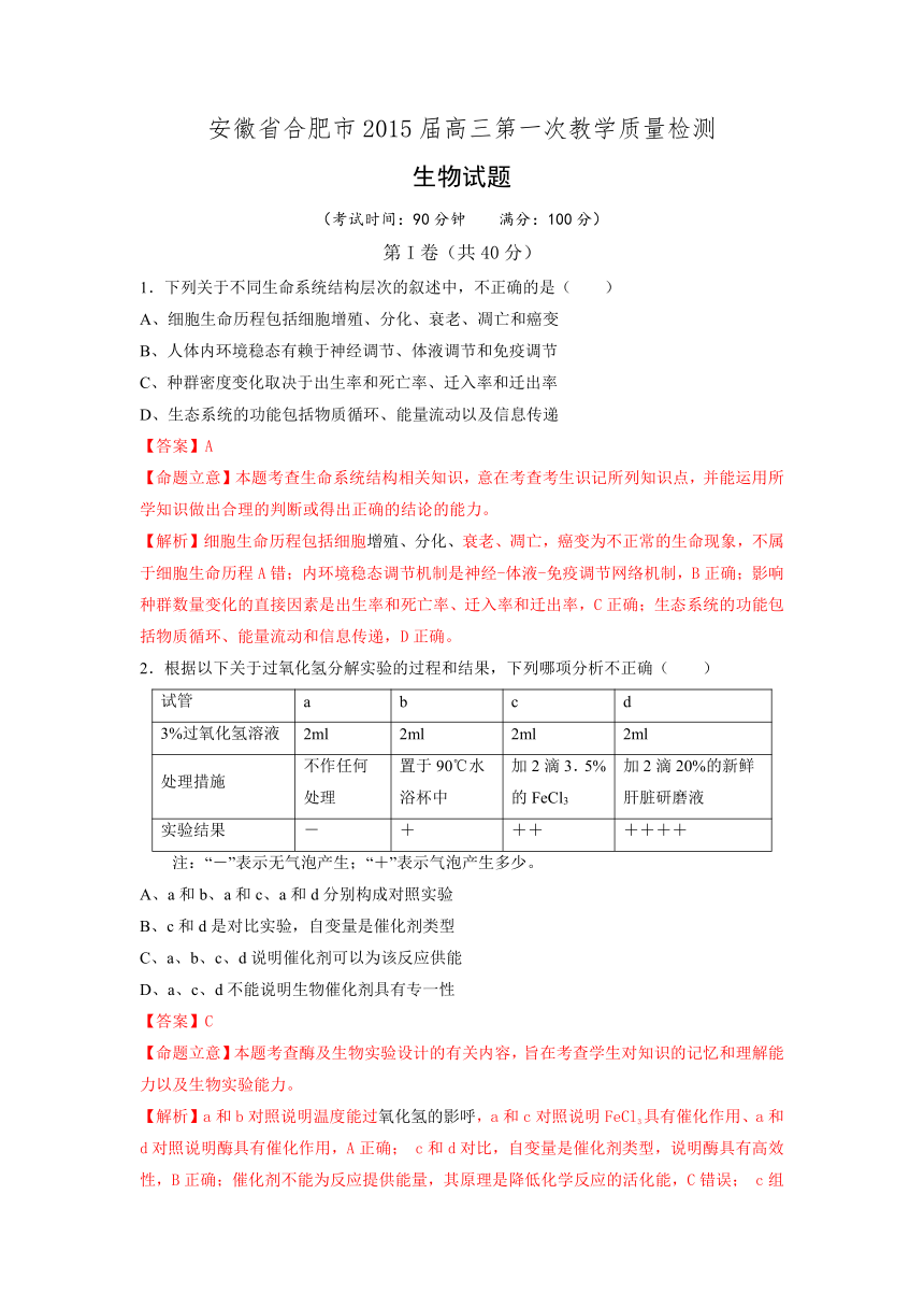 【最新解析版】安徽省合肥市2015届高三第一次教学质量检测生物试题