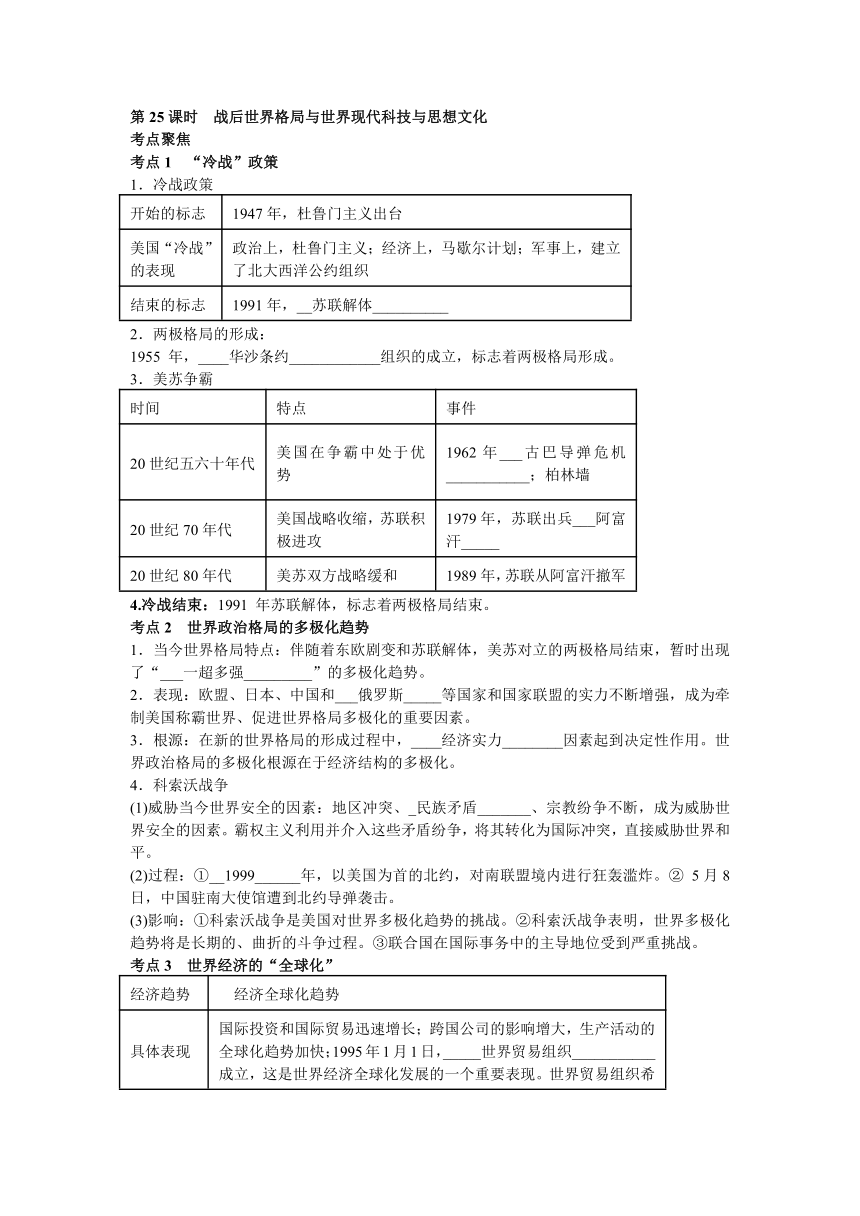 【科学备考】2015中考历史一轮专题复习：战后世界格局与世界现代科技与思想文化