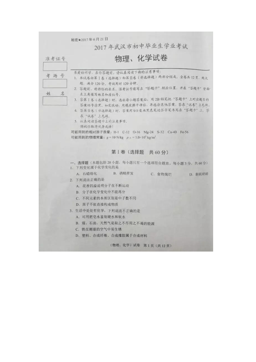 湖北省武汉市2017年中考化学试题（图片版,含答案）