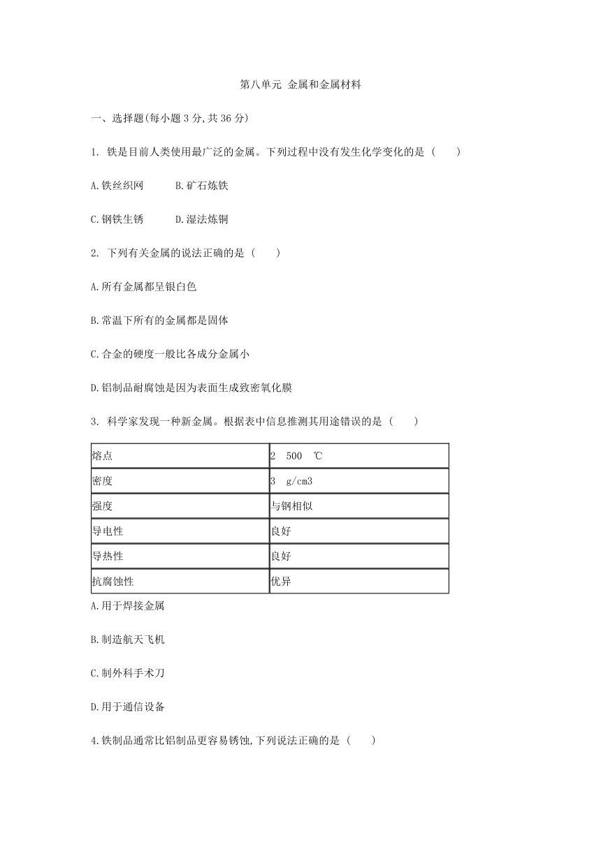 第八单元 金属和金属材料单元测试题— 2020—2021学年九年级化学人教版下册（有答案）