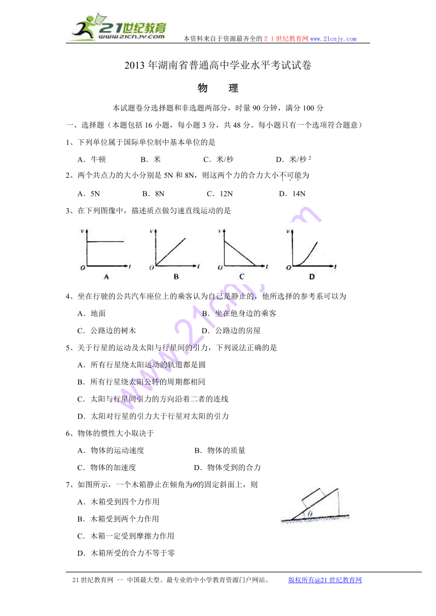 2013年湖南省普通高中学业水平考试物理试题及答案