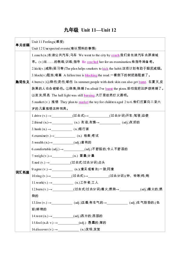 人教版九年级英语 Unit 11—Unit 12单元复习学案（附答案）