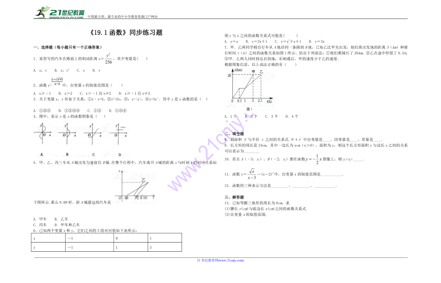 人教版初中数学八年级下册19.1变量与函数同步练习题（含答案）