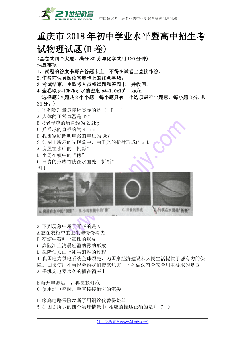 重庆市2018年中考物理试题（B卷，word版，含答案）