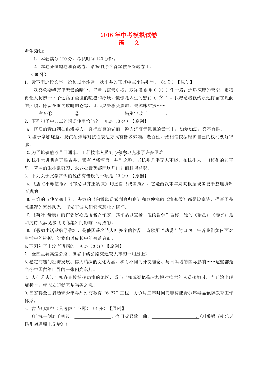 浙江省杭州市2016年中考语文模拟命题比赛试卷（含答案） (1)