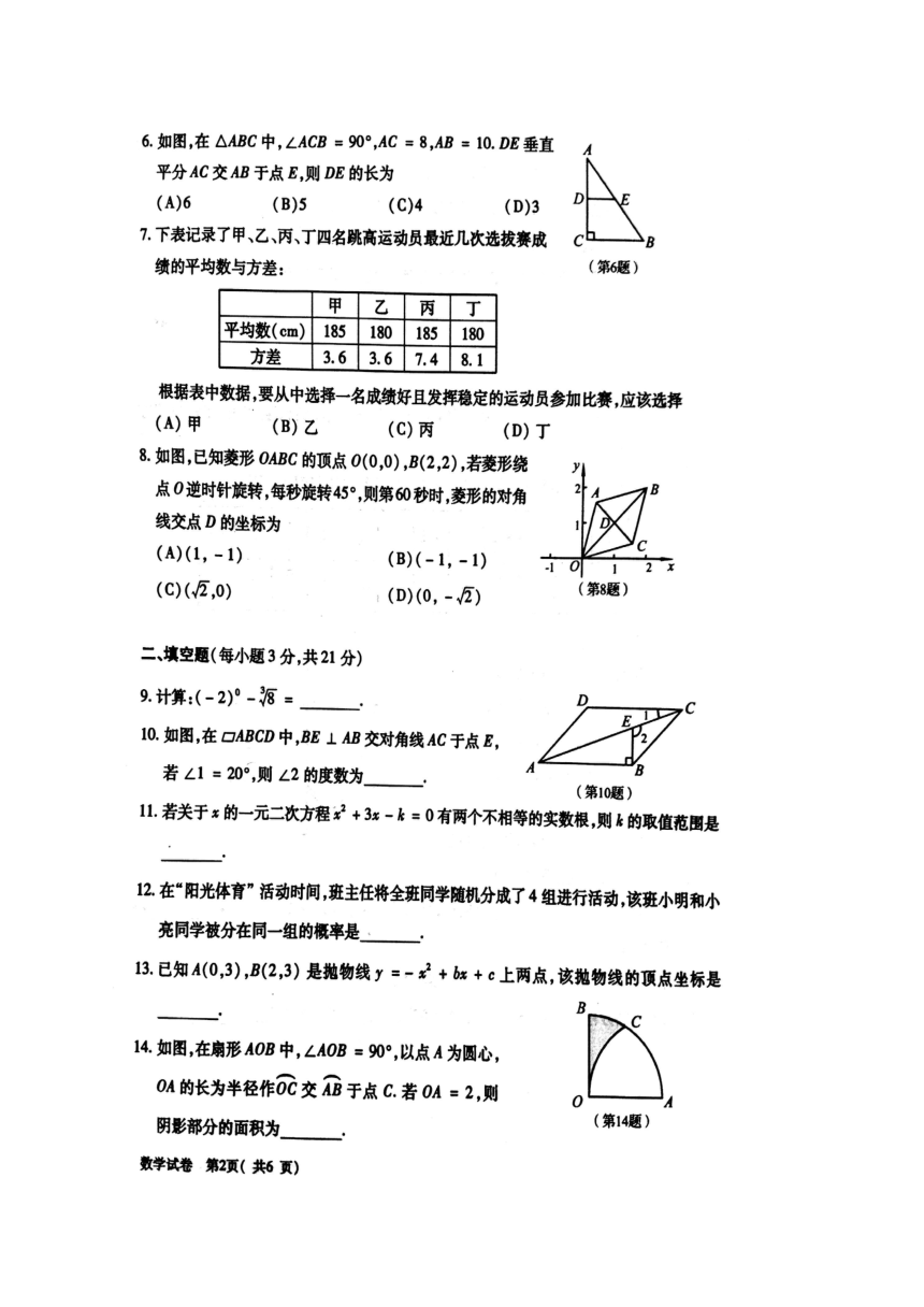 河南省2016年中考数学试题（扫描版，无答案）