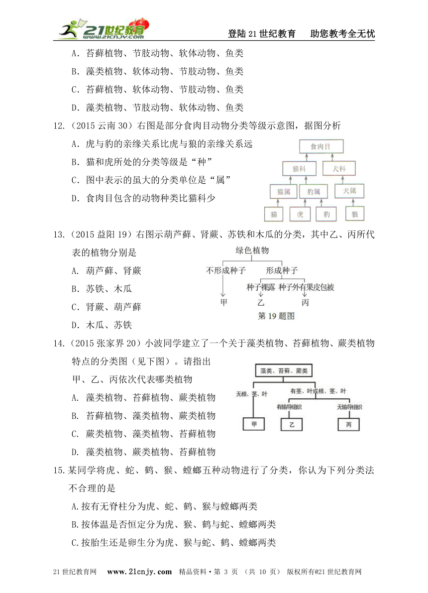 第二单元第四章《生物的分类》章节综合测试