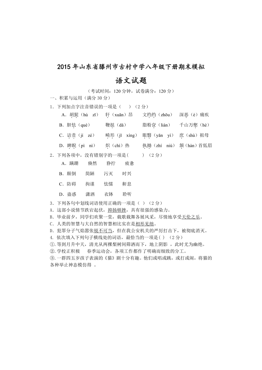 2015年山东省滕州市古村中学下册八年级期末模拟语文试题
