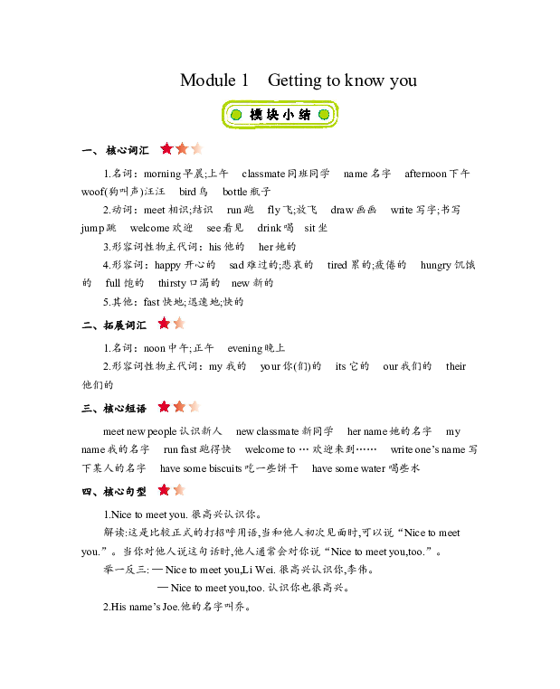 Module 1Getting to know you 知识清单