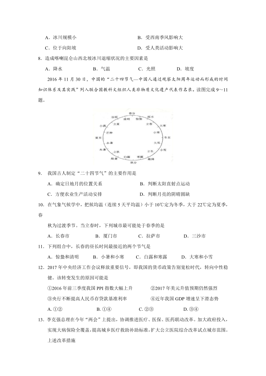 吉林省吉林大学附属中学2017届高三第五次摸底考试文科综合试题 Word版含答案