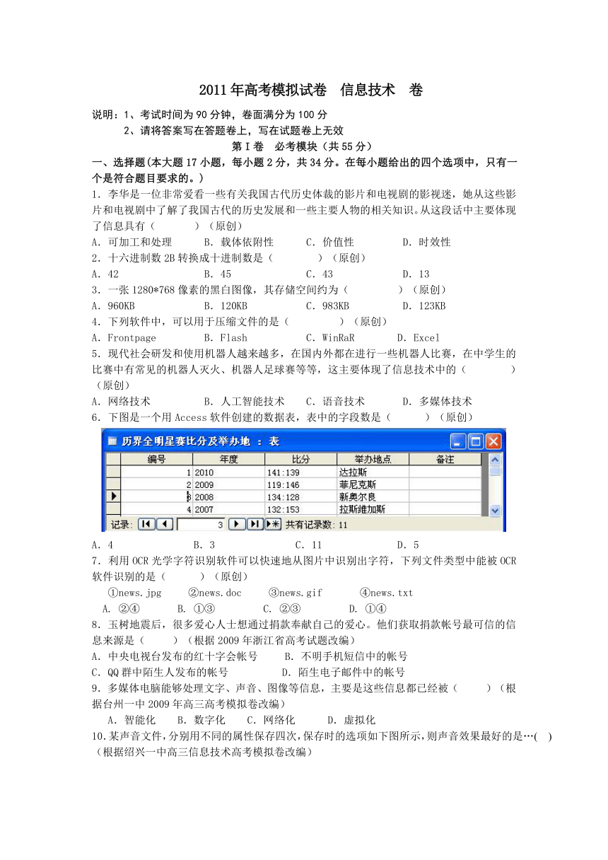 2011高考模拟试卷信息技术卷5