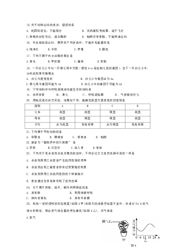 2019广东省中考生物考前模拟试题（二）含答案