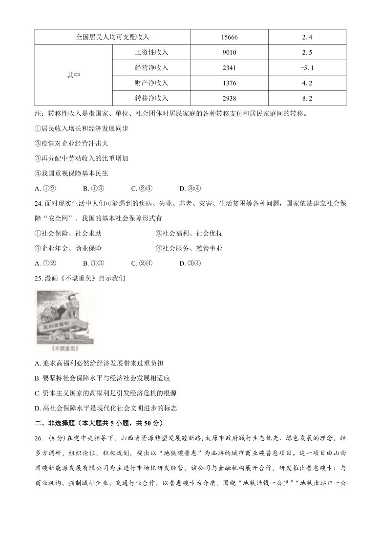 山西省太原市2020-2021学年高一上学期期末考试政治试题 Word版含答案