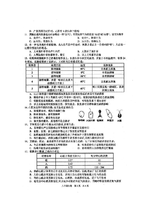 四川省绵阳市三台县2019-2020学年第一学期八年级生物期末试题（扫描版含答案）