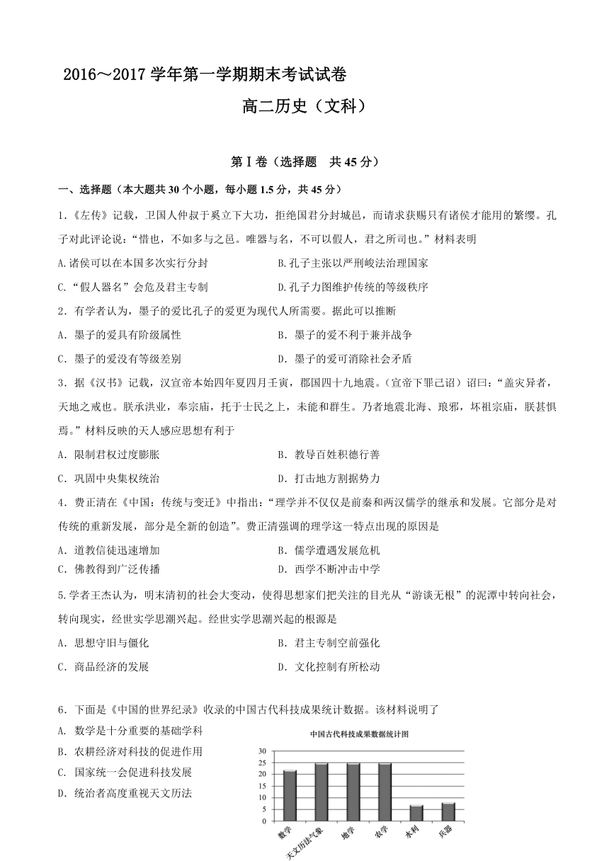 辽宁省大连市2016-2017学年高二上学期期末考试历史（文）试题