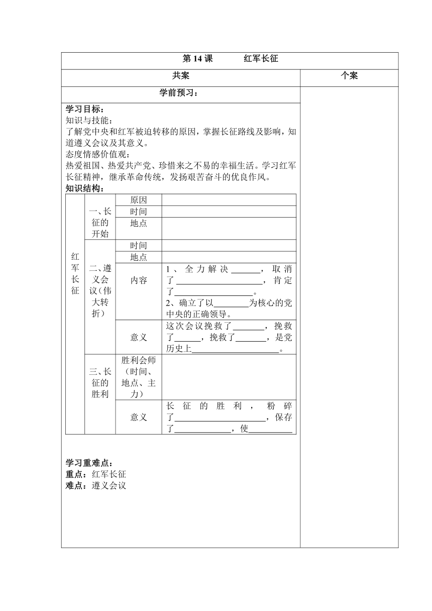 2014-2015学年岳麓版八年级上册历史导学案第14课 红军长征