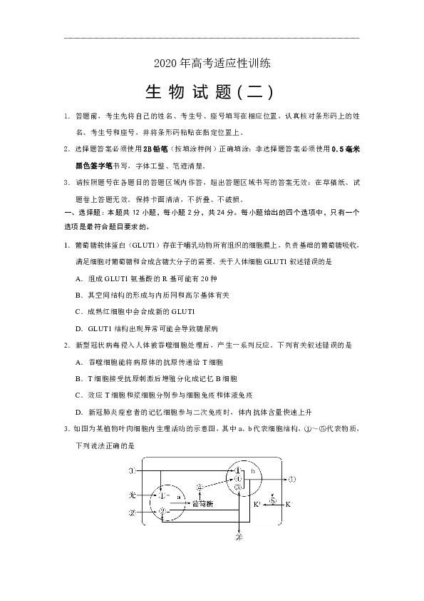 山东省泰安肥城市2020届高三适应性训练（二）生物试题