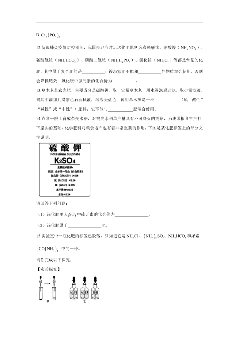 （19）化学与农业生产_2021-2022学年化学鲁教版（五四制）九年级全一册同步课时作业（含解析）