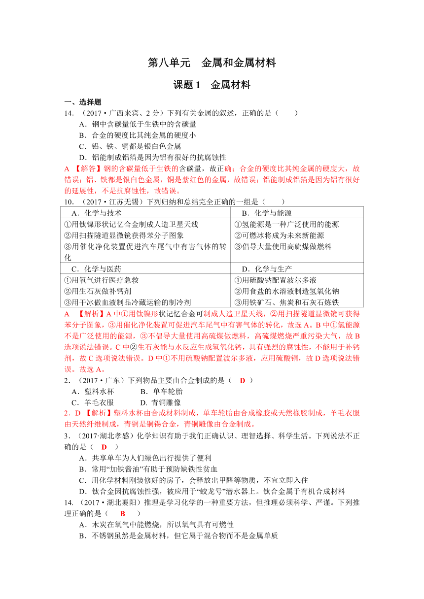 2017年全国中考真题分类解析 第八单元 金属和金属材料