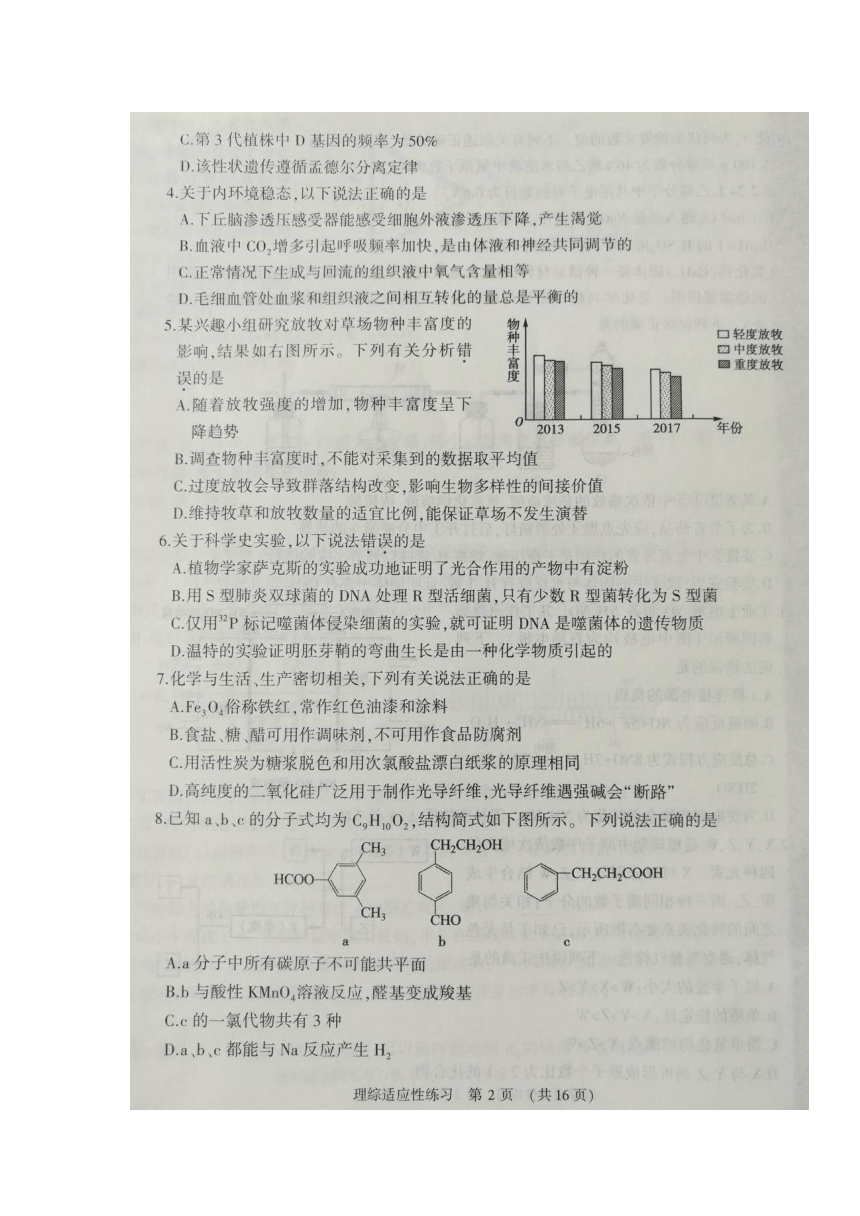 河南省2018届高三4月普通高中毕业班高考适应性考试理科综合试题 扫描版含答案