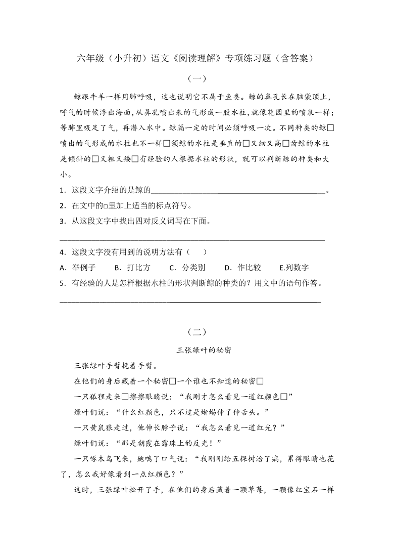 统编版六年级（小升初）语文《阅读理解》专项练习题（含答案）