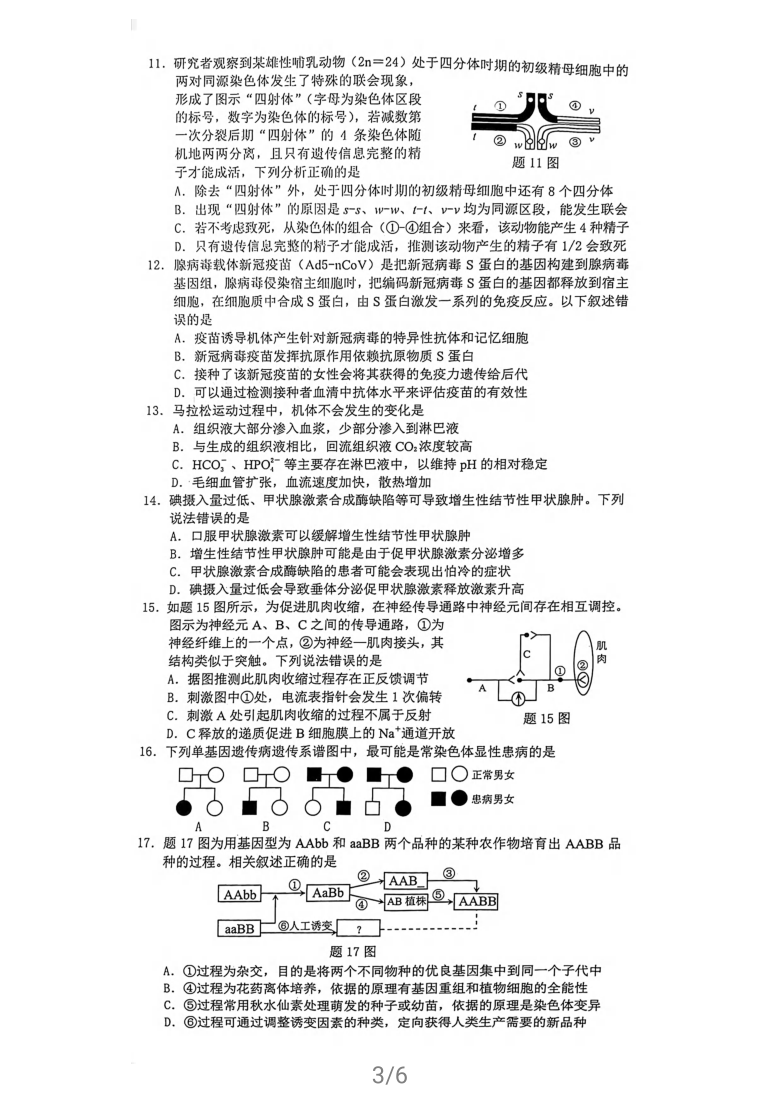 2021年重庆市普通高中学业水平选择性考试高三第二次联合诊断检测生物试卷    含答案 PDF