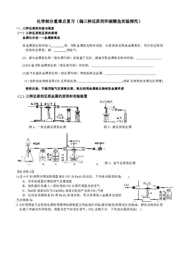 2020年中考复习（化学）化学部分重难点复习（偏三种还原剂和碳酸盐实验探究）（知识点+典题精练）（无答案）