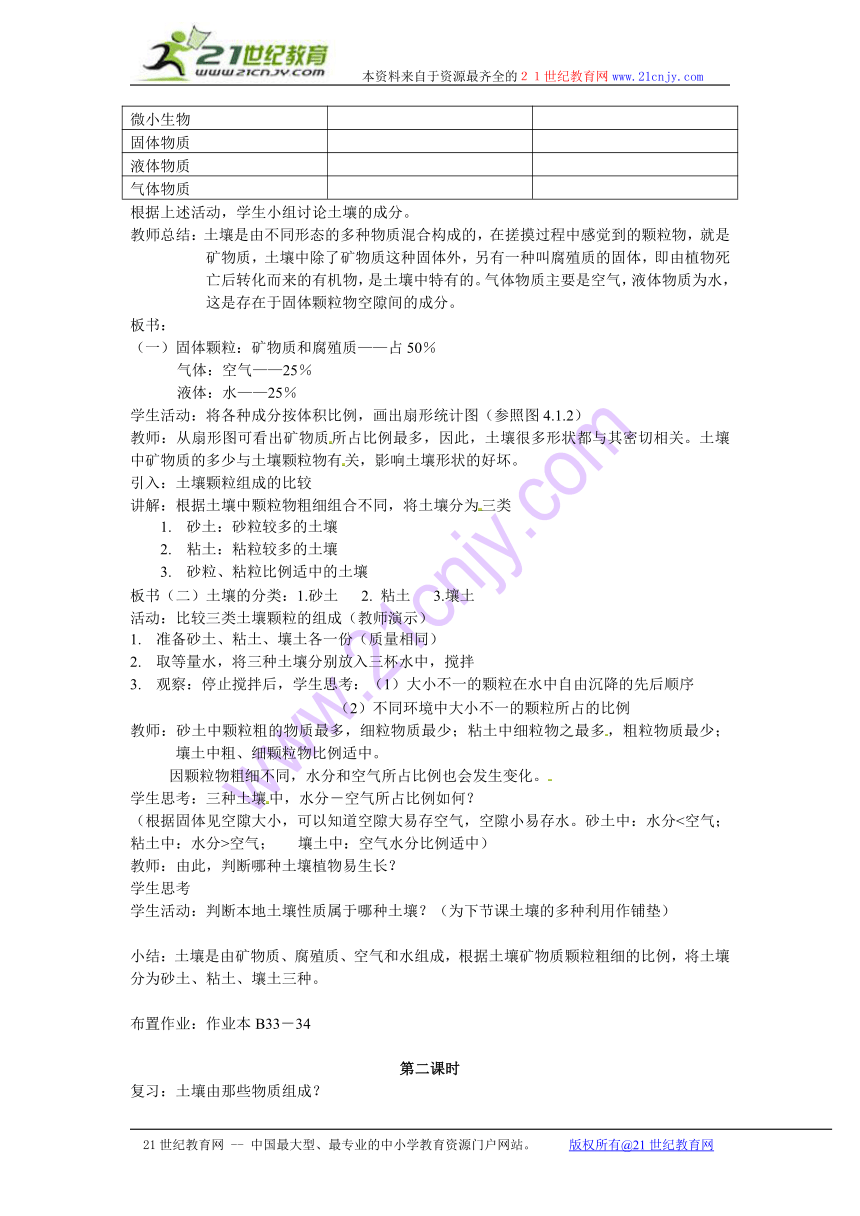 科学：华师大版七年级下册41 土壤的组成和利用（教案）