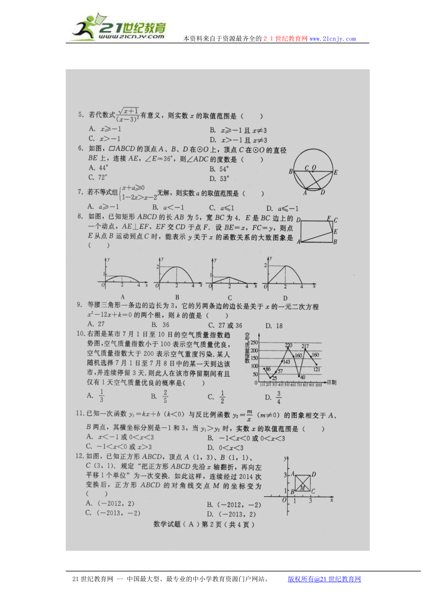 2014年山东潍坊市中考数学试题与答案（扫描版）