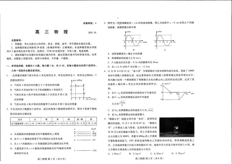 山东省潍坊市2020-2021学年高三上学期期末统考物理试题PDF版有答案