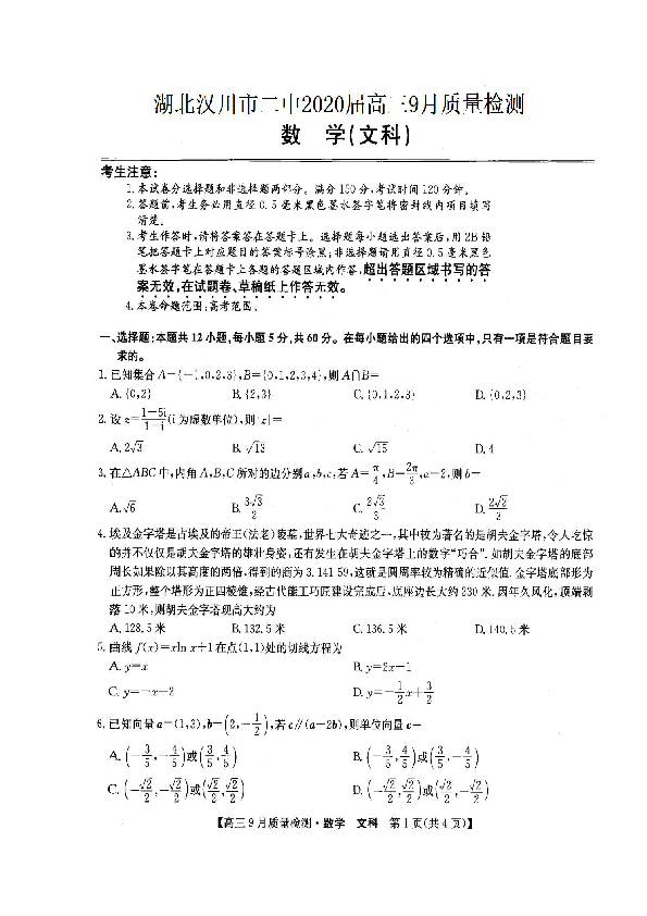 湖北省汉川市第二中学2020届高三9月质量检测数学（文）试题 扫描版含答案