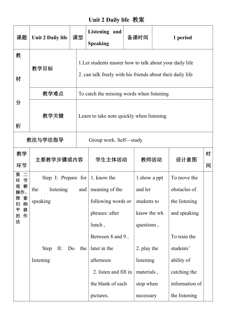 Unit 2 Daily life Listening and Speaking 表格式教案
