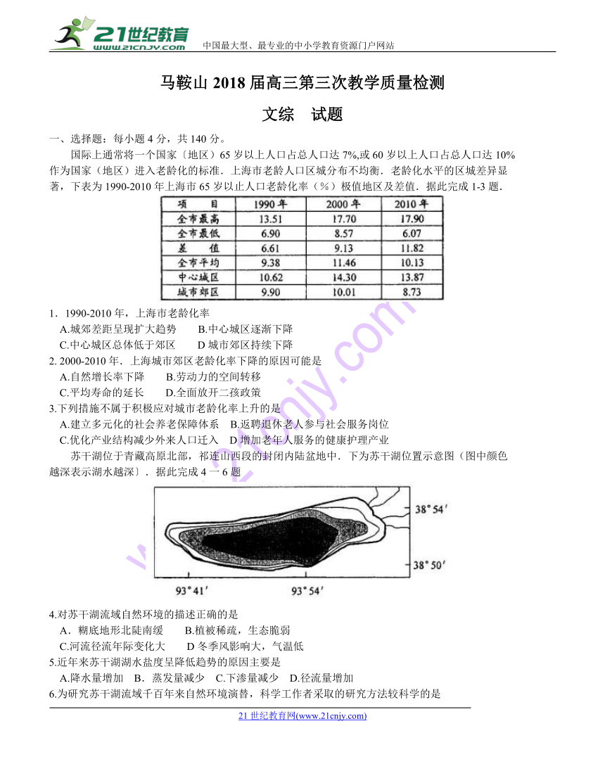 安徽省马鞍山市2018届高三第三次教学质量监测 文综