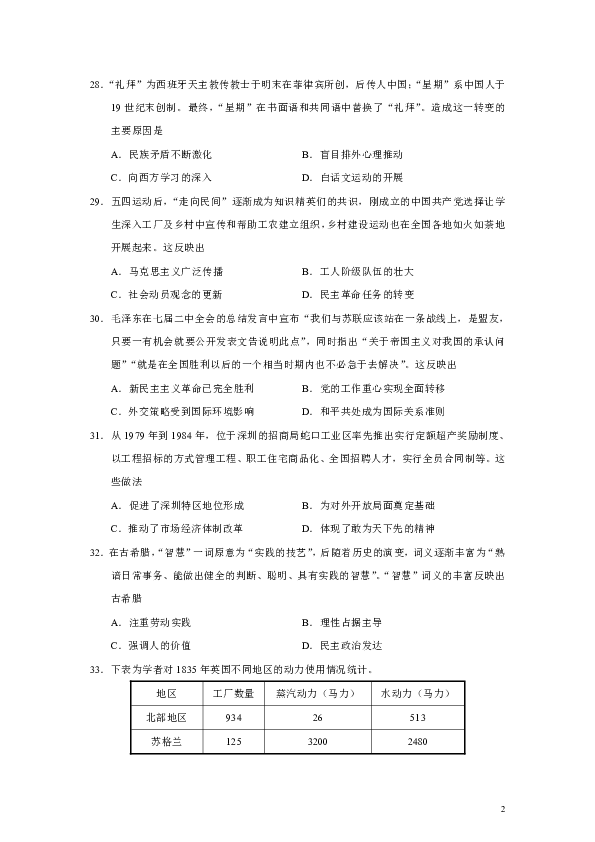 湖北省华大新高考联盟2020届高三1月教学质量测评文综历史试题（Word版）