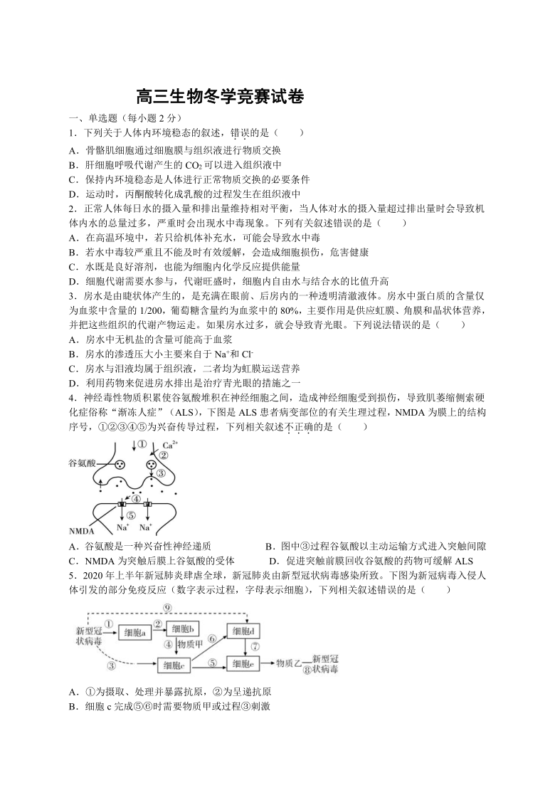 山东省烟台市中英文学校2021届高三上学期冬学竞赛生物试卷      含答案